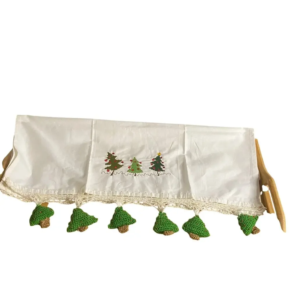 Handmade Cotton Kitchen Towel w/ Embroidered Christmas Trees & Crocheted Fringe
